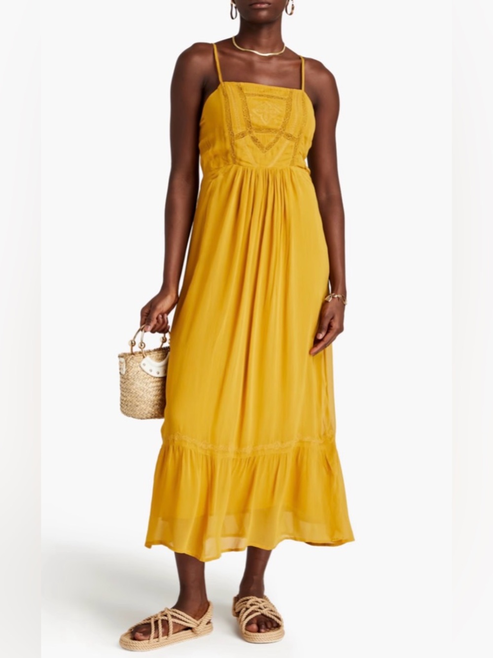 ba&sh Michele Embroidered Georgette Midi Dress Mustard NWT Size Large